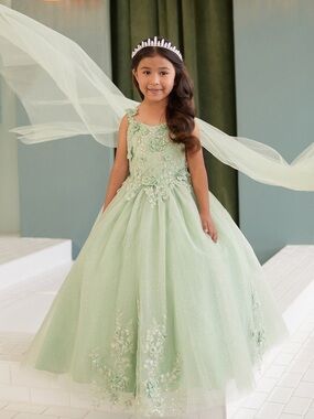 Tip Top Kids Sage Green Floral Tulle Ball Gown Dress